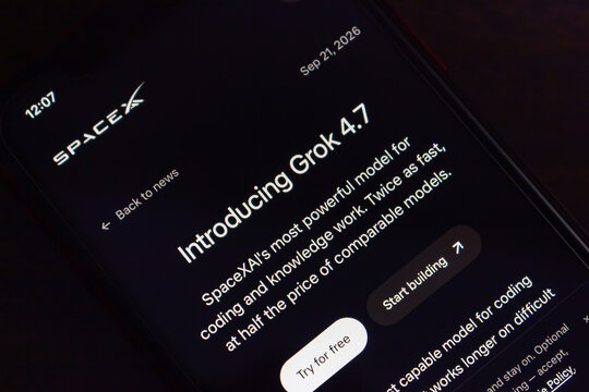 Quetzaltenango, GUATEMALA - Sep 22 2026 : iPhone showing the SpaceX page introducing Grok 4.7 as SpaceXAI&rsquo;s most powerful model for coding and knowledge work.