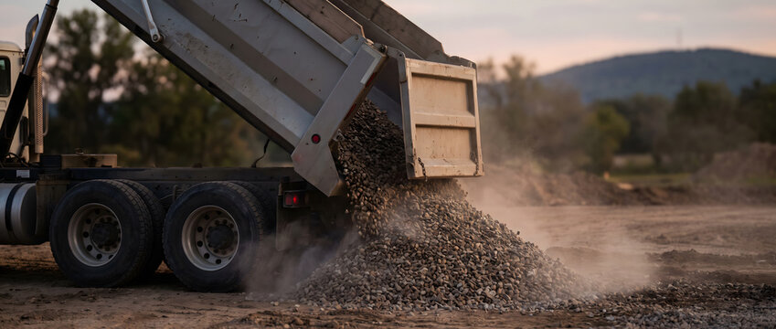 A dump truck unloads a pile of gravel at an outdoor construction worksite during daytime.