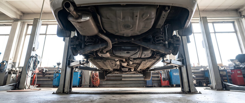 A car is elevated on a hydraulic lift inside a bright auto repair workshop, exposing its undercarriage for maintenance or inspection.