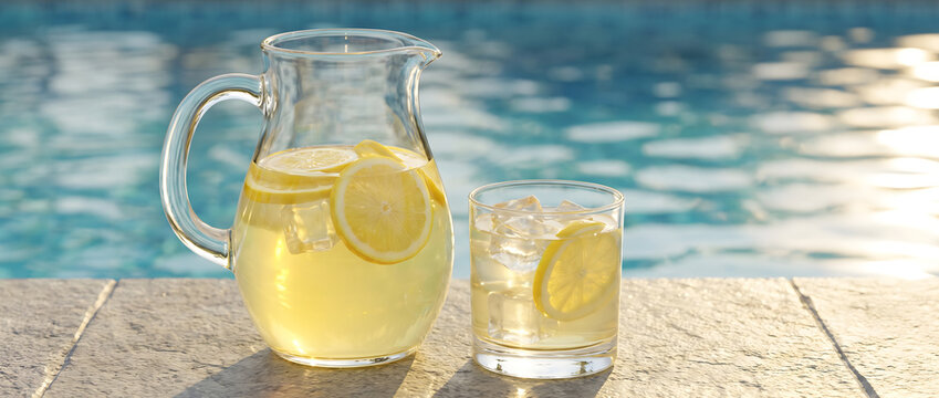 A glass pitcher and tumbler filled with iced lemonade, garnished with lemon slices, placed on a stone poolside surface by blue swimming pool water.