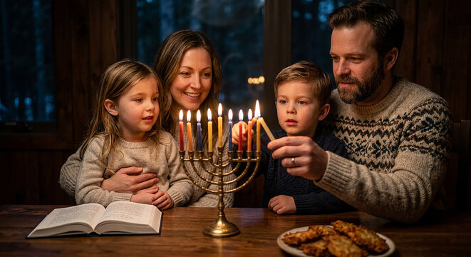 A smiling family gathers around a wooden table to light the menorah candles together during Hanukkah, with an open book and food nearby.