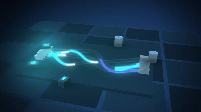 Cyan glowing data cables winding with light signals full scene