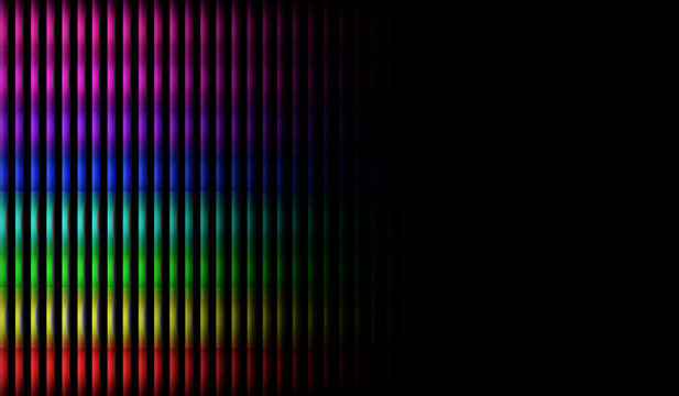 Abstract dark background with 3D ribbed vertical lines featuring colorful rainbow spectrum on left side and black copy space.