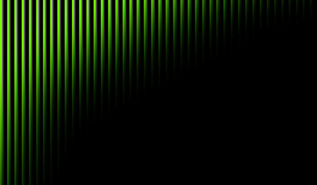 Abstract cyberpunk technology background featuring glowing neon green vertical stripes fading diagonally on the left with deep black copy space for gaming or hacker design.