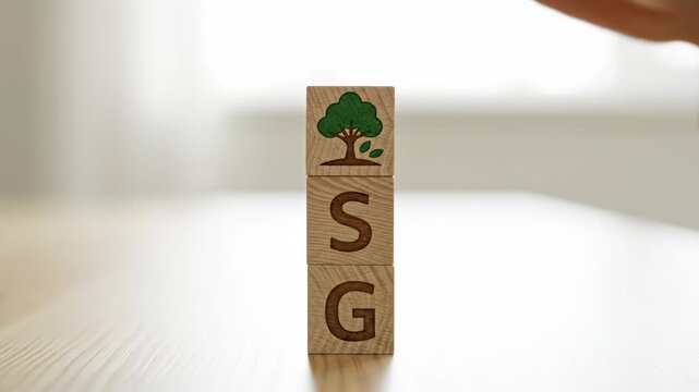 Hand stacking wooden blocks with esg letters and a tree icon, representing environmental, social, and governance corporate responsibility and sustainability