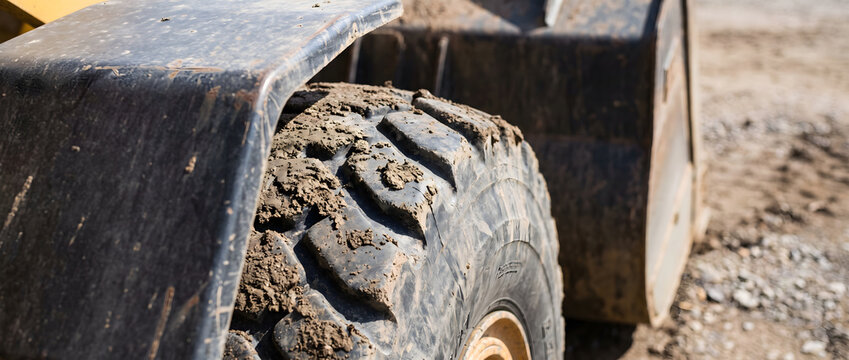 A close-up view of a muddy heavy construction vehicle tire, coated in dirt, positioned on an outdoor worksite.