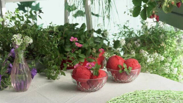 Close-up of a woman decorating homemade strawberry sorbet with a small edible strawberry flower in a lush balcony garden. Fresh summer dessert preparation and natural food styling