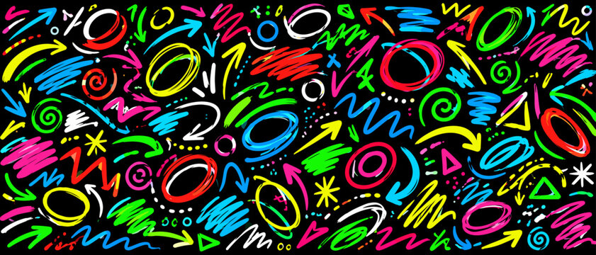 Neon multicolor abstract scribble panel with arrows, loops, circles and energetic line strokes on black, neon, scribbles, arrows,