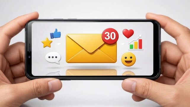 Hands holding smartphone with email message envelope notification badge and emoji reactions