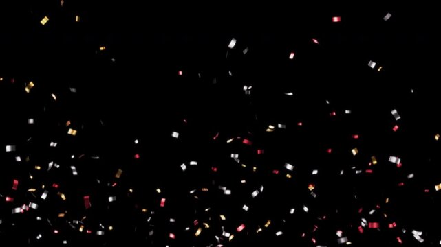 Confetti explosion. Golden falling festive particles, stripes. Transparency is embedded in video. ProRes 4444