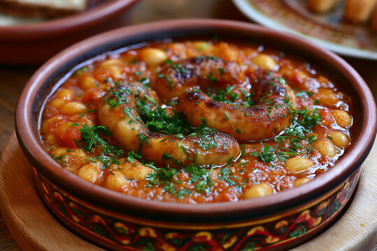 Traditional Romanian White Bean Stew with Sausages in Rustic Ceramic Bowl