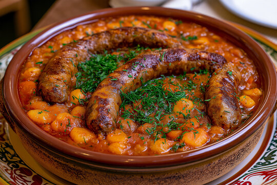 Traditional Romanian White Bean Stew with Sausages in Rustic Ceramic Bowl