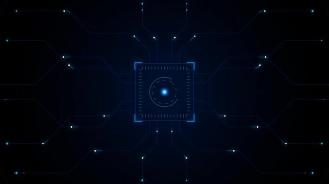 Digital processor chip glowing with data connections on dark blue background motion graphic clip.