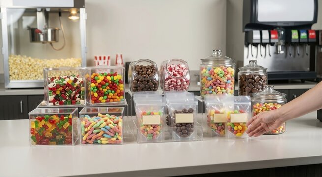 Candy display at a concession counter. Meal serving and food presentation