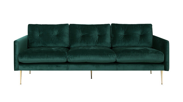 Isolated dark green velvet three-seater sofa with tufted back cushions and gold metal legs