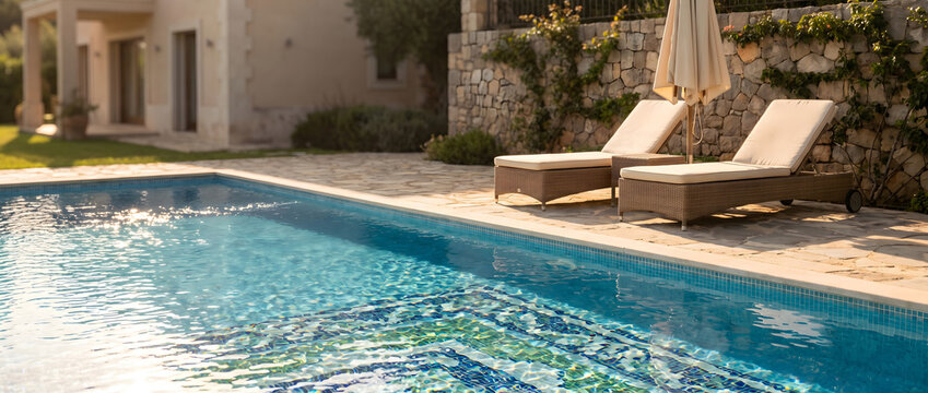 A private outdoor swimming pool area with two sun loungers, a closed umbrella, and a stone villa in the background.