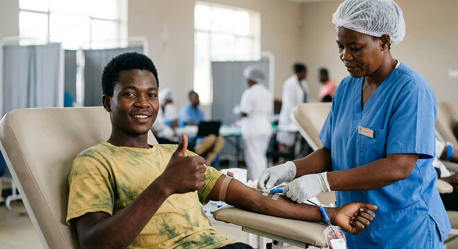 Smiling man giving a thumbs up while a nurse in scrubs prepares him for a blood donation.

