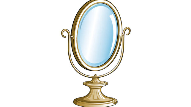Isolated elegant vintage golden oval vanity mirror on a stand with classic ornate details
