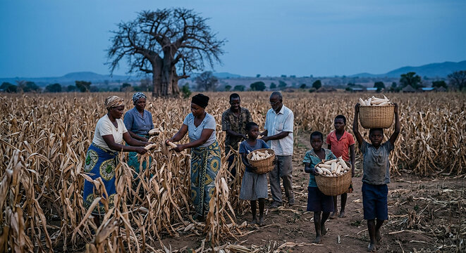 Group of villagers harvesting maize in a dry field with a large baobab tree and distant hills at dusk.

