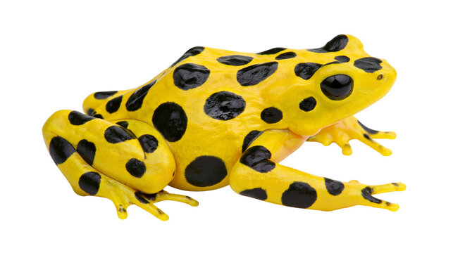 Isolated vibrant yellow frog with striking black spots, exotic tropical amphibian wildlife creature