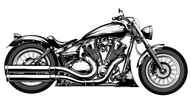 Isolated classic custom cruiser motorcycle illustration in black and white, side view artwork.