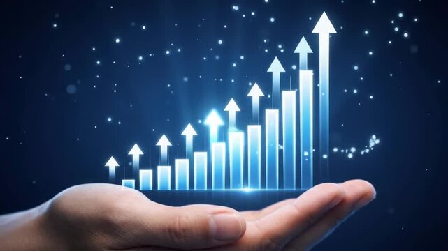 Hand holding open palm with rising blue 3D financial growth bar chart arrows
