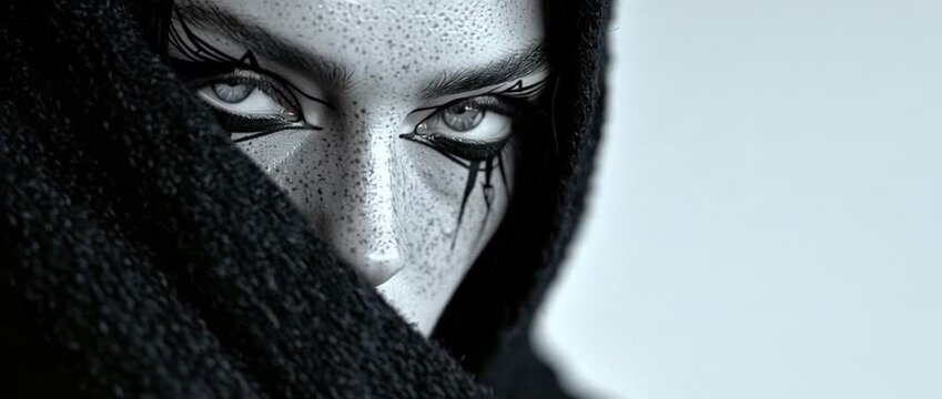 Frontal black and white beauty portrait of a freckled woman with dark hair and graphic tear shaped eyeliner against a pale background Concept of alternative beauty