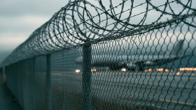 The scene shows a high chain link fence with razor wire along the airport perimeter. An aircraft is seen on the runway beyond.