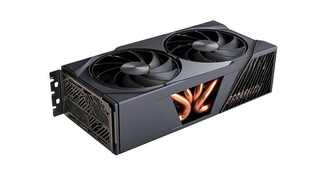 Isolated advanced video card with visible copper heat pipes and dual cooling fans