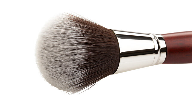 Isolated professional soft bristle makeup brush with metallic ferrule and wooden handle for cosmetic application