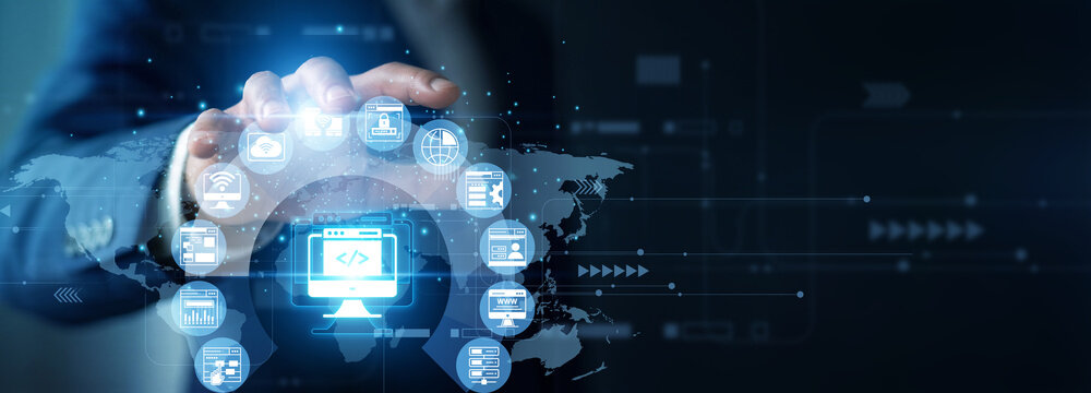 UI developer holding structure graph of Web Development. Corporate engineer analyzing coding frameworks and platform growth chart on hologram screen. Modern online interface business strategy.