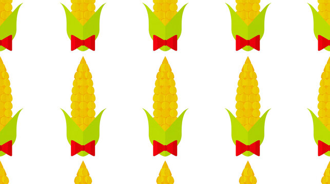 Isolated vibrant sweet corn pattern featuring green leaves and charming red bow ties design