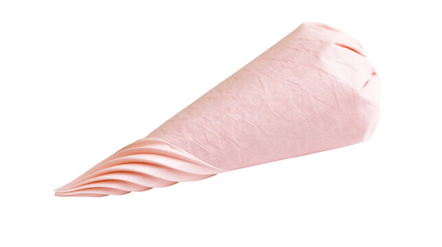 Isolated delicate light pink fabric folded into a conical shape with intricate pleats