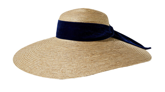 Isolated elegant wide-brimmed straw hat with navy blue velvet ribbon, stylish summer fashion accessory