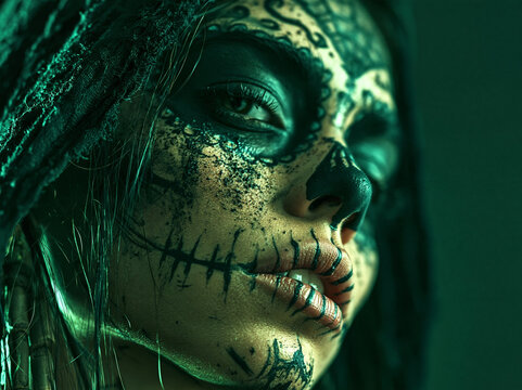 Low angle close up portrait of a woman with green skull face paint black stitched smile and cracked forehead beneath dark textured fabric Concept of gothic halloween horror