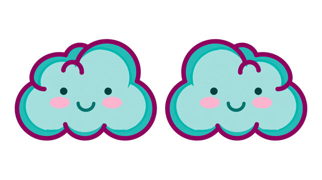 Isolated pair of cute cartoon clouds with smiling faces, cheerful whimsical weather design element