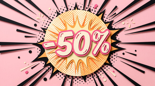 Black Friday special offer with fifty percent discount on vibrant comic book background