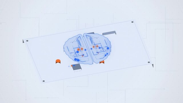 Blue and orange AI brain with glowing circuit traces top down view