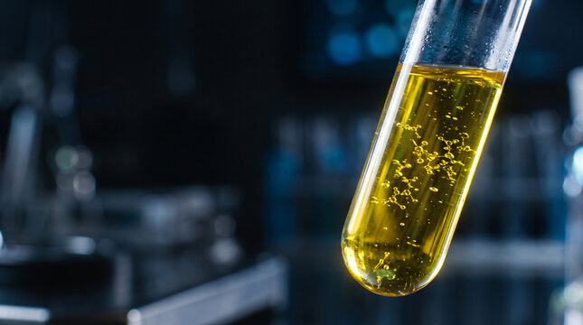 A glass test tube filled with glowing yellow liquid in a laboratory