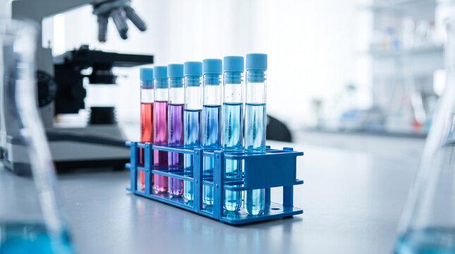 Test tubes with colorful liquids in a rack in a scientific laboratory