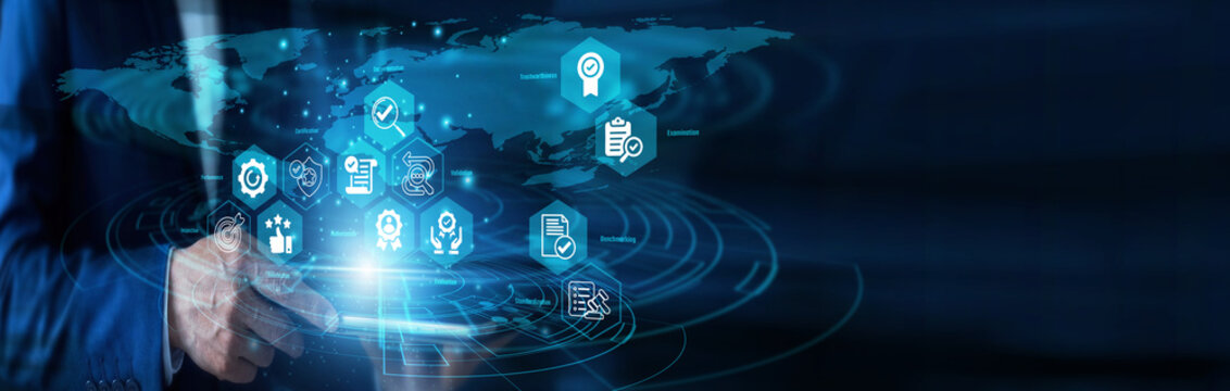 Quality specialist working on tablet and touch interface for Quality Assurance. Software tester using digital device inspecting application performance error log. Code compliance review.