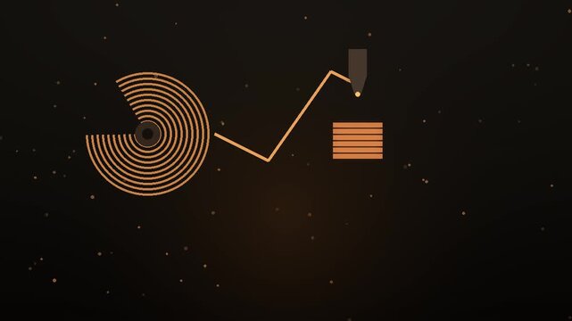 Flat design 3D printer animation, industrial additive manufacturing concept, orange filament spool and extruder nozzle, modern tech production