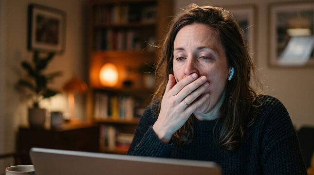 Exhausted woman yawning while working late at night on her laptop in a dimly lit living room experiencing severe sleep deprivation and insomnia with soft ambient lighting illuminating her tired face