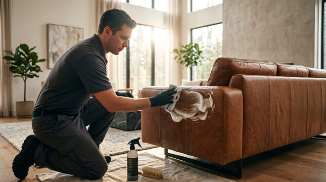 Professional cleaner wearing uniform and protective gloves kneeling in a bright modern living room while applying specialized cleaning foam and wiping a luxurious brown leather sofa with a white cloth