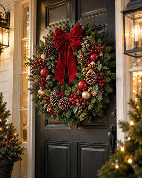 Klassischer Weihnachtskranz an schwarzer Haust&uuml;r &ndash; &Uuml;ppiger Kranz mit Tannengr&uuml;n, roten Beeren, Zapfen, roten und goldenen Kugeln sowie gro&szlig;er roter Samtschleife im warmen Licht.