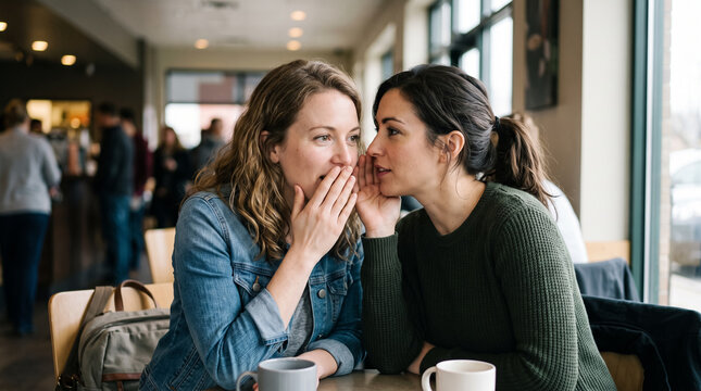 Two female friends whispering secret and gossiping while sitting at cafe table. Concept of coffee shop, two women, conversation, rumor, friendship.