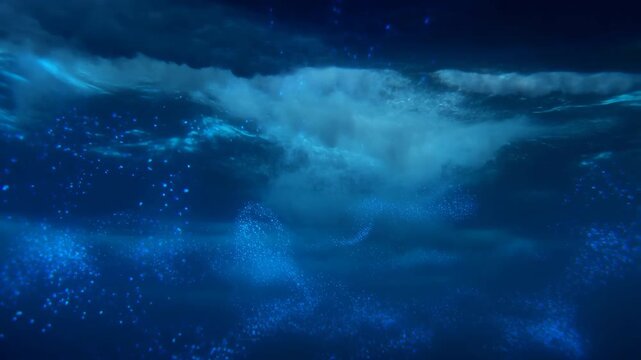 60 FPS Underwater bioluminescent plankton particles drifting beneath dark ocean surface