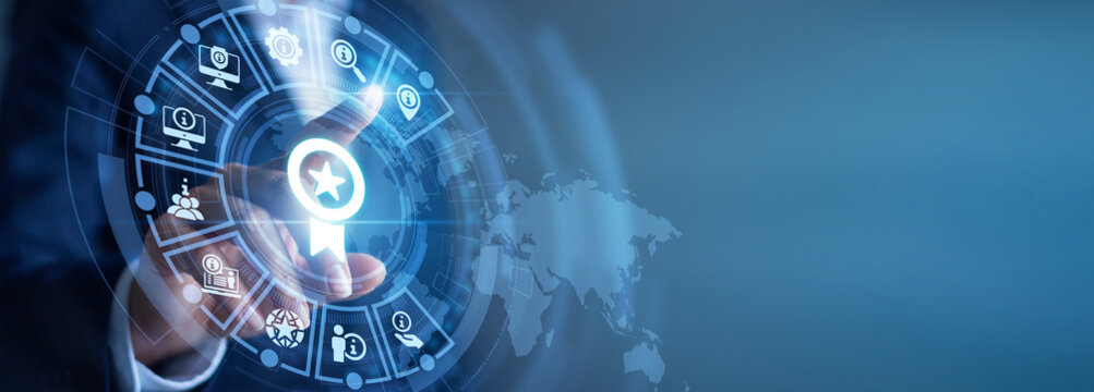 Content filtering. Marketer hand touch virtual dashboard screen analyzing Recommendation engine algorithm and user preference data. Strategy growth, innovation and futuristic digital interface.