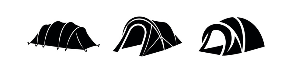 Camping tent icons in black silhouette. Outdoor adventure and travel symbols. Vector stock illustration. © Lili
