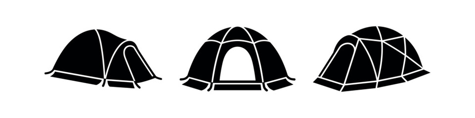 Geodesic camping tent icon set. Outdoor shelter for travel and adventure. Vector stock illustration. © Lili